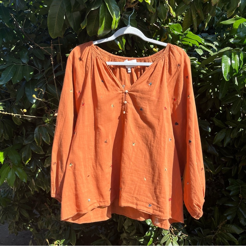 THE GREAT. Orange Embroidered Blouse